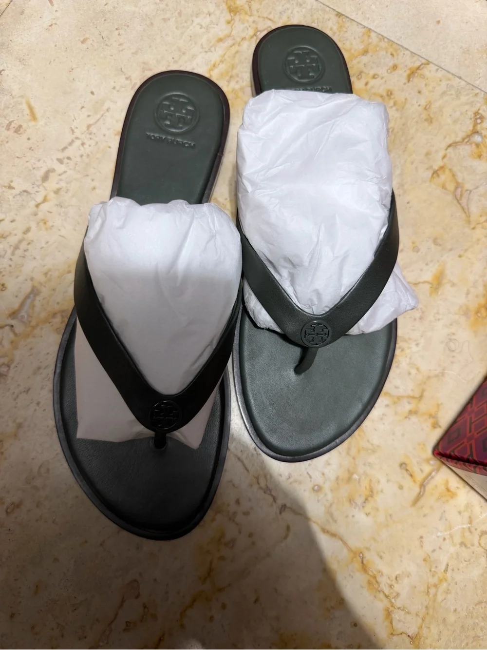 Tory Burch Dark Olive Logo Thong Sandals